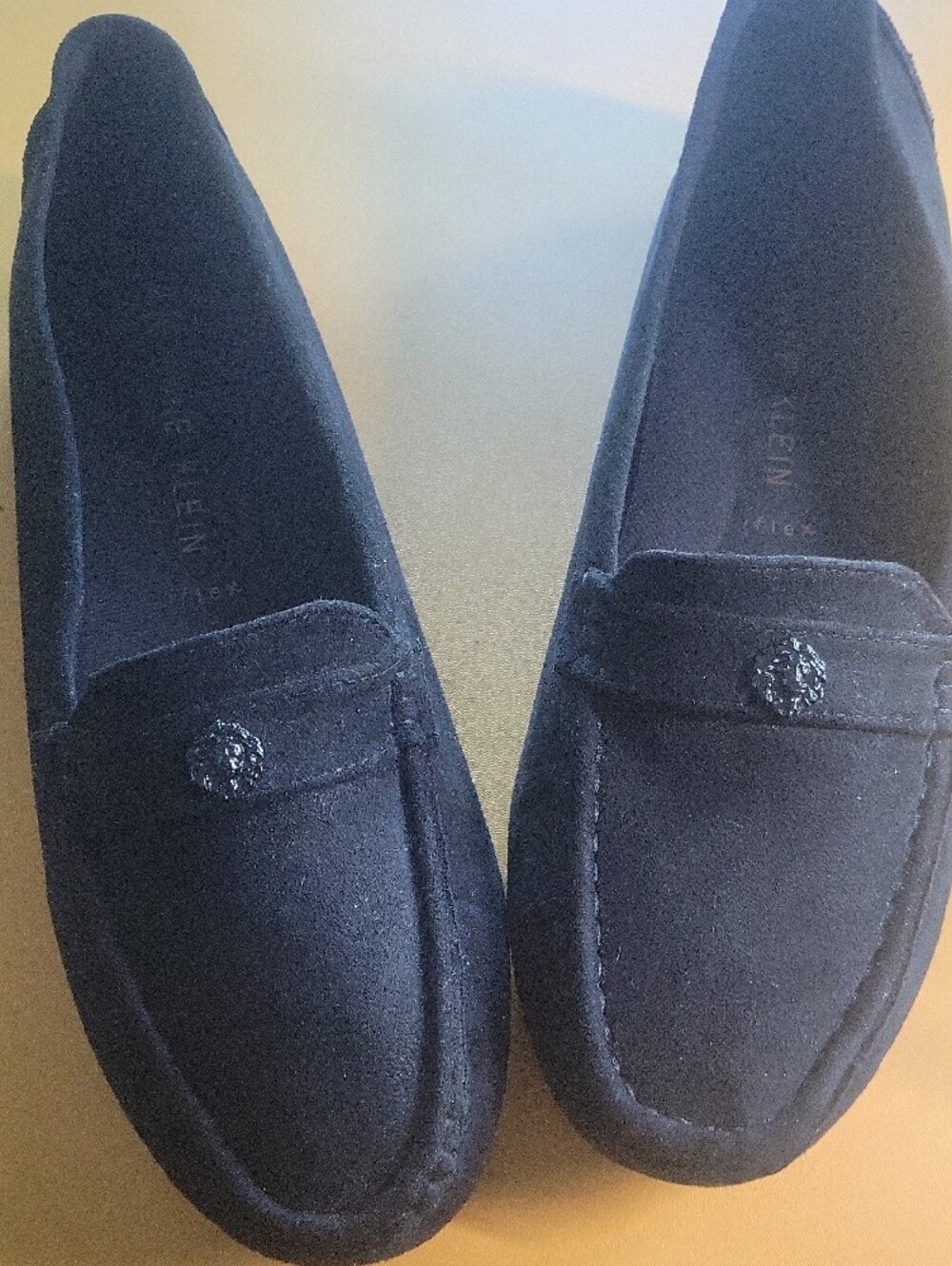 NWOT Anne Klein Black Suede Penny Loafers with Decorative Emblem - Picture 3 of 12